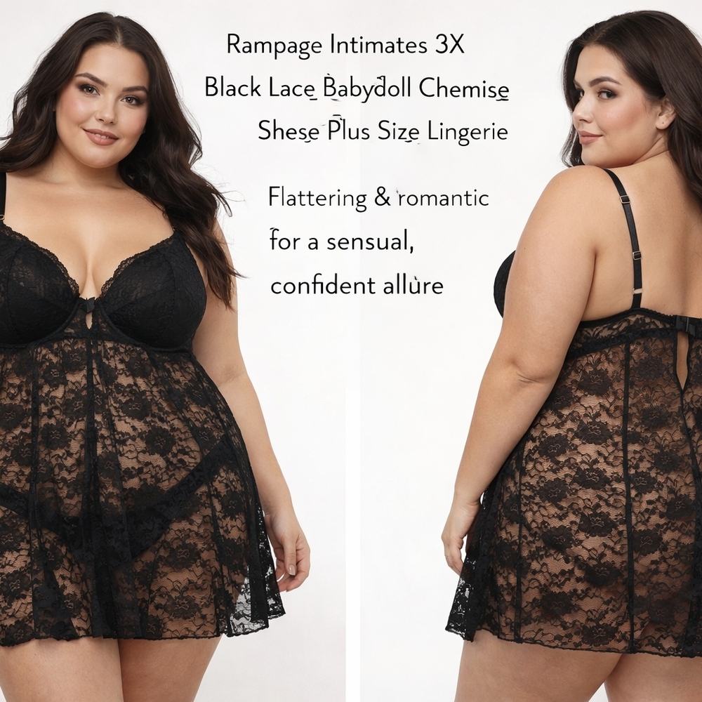 Rampage Intimates 3X Black Lace Babydoll Chemise Sheer Plus Size Lingerie